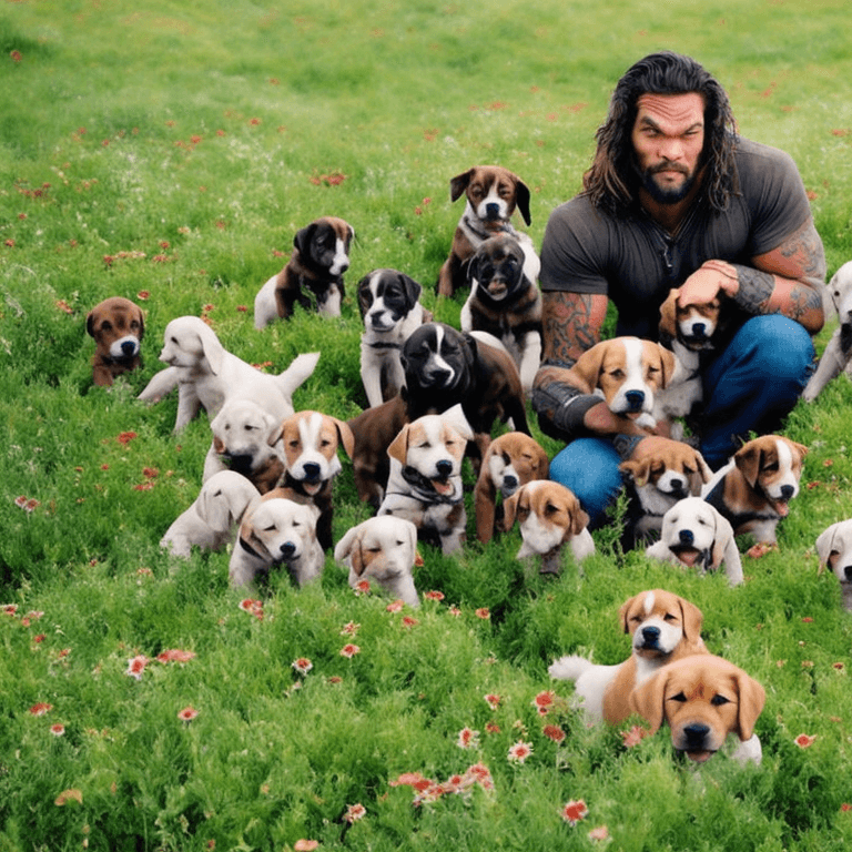 Jason Momoa Rolling in a Field of Flowers with Many Puppies